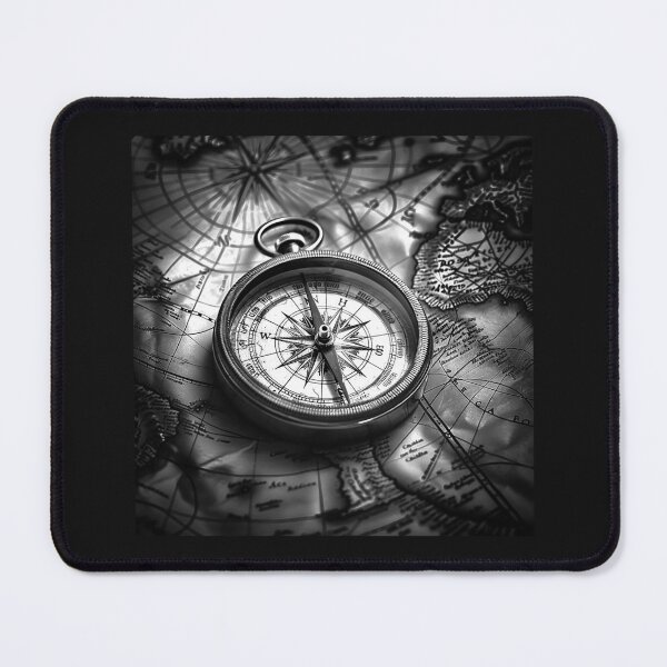 Item preview, Vintage Compass on Antique World Map – Black and White Navigation Art designed and sold by inkoutninja.