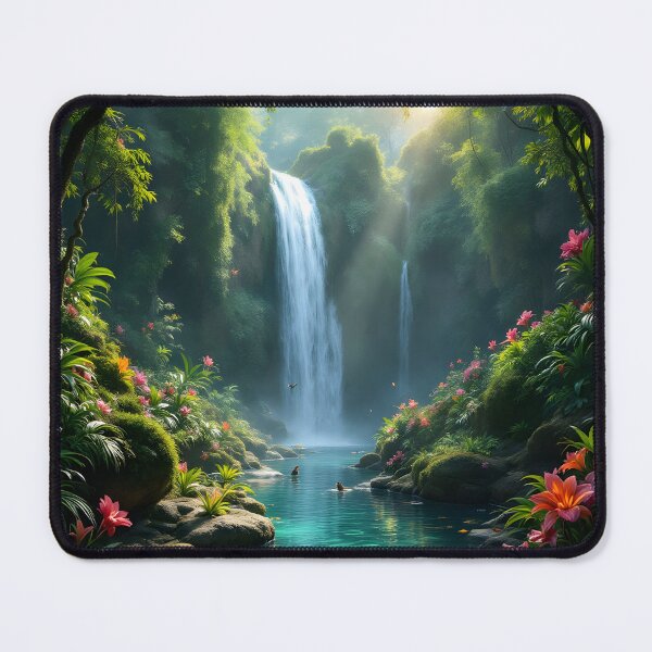 Item preview, Emerald Paradise Waterfall – Tropical Rainforest Oasis Art Print designed and sold by DreamyWallVibes.