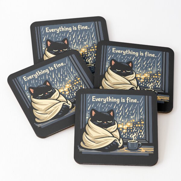 Item preview, Everything Is Fine Cute Black Cat Cozy Rainy Day  designed and sold by ChubbyGoong.