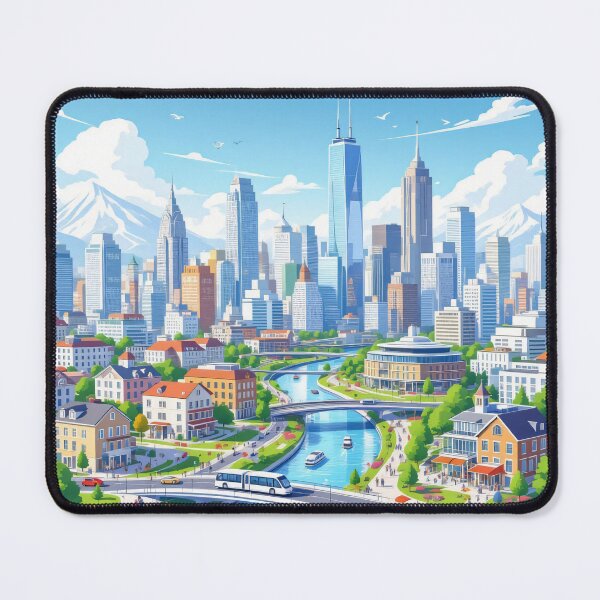Item preview, Modern Riverside Skyline – Vibrant Futuristic Cityscape Illustration designed and sold by KiraChie.