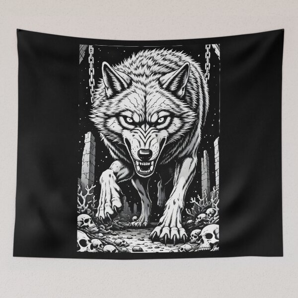 Item preview, Snarling Skull Wolf – Black and White Dark Fantasy Horror designed and sold by Neer arts.