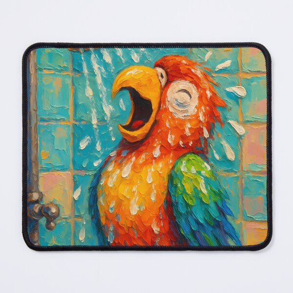 Item preview, Abstract Impasto Painting of Singing Parrot in Shower | Whimsical Colorful Parrot Illustration | Modern Tropical Bathroom Animal Wall Art Print designed and sold by PaintedPixels01.
