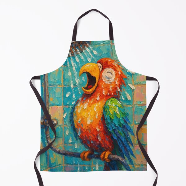 Item preview, Abstract Impasto Painting of Singing Parrot in Shower | Whimsical Colorful Parrot Illustration | Modern Tropical Bathroom Animal Wall Art Print designed and sold by PaintedPixels01.