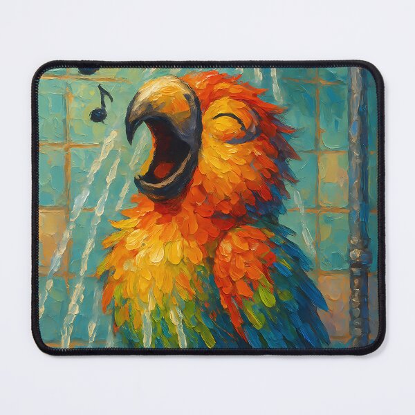 Item preview, Abstract Impasto Painting of Singing Parrot in Shower | Whimsical Colorful Parrot Illustration | Modern Tropical Bathroom Animal Wall Art Print designed and sold by PaintedPixels01.