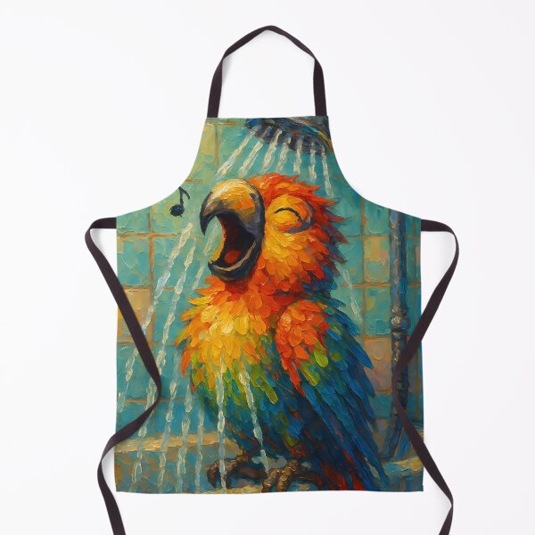 Item preview, Abstract Impasto Painting of Singing Parrot in Shower | Whimsical Colorful Parrot Illustration | Modern Tropical Bathroom Animal Wall Art Print designed and sold by PaintedPixels01.