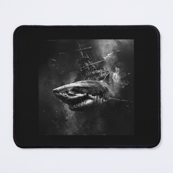 Item preview, Great White Shark and Ghost Ship – Dark Ocean Horror Art designed and sold by inkoutninja.