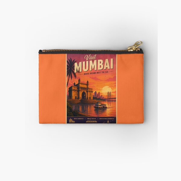 Item preview, Visit Mumbai Vintage Travel Poster – Gateway of India Sunset & Sea Link Illustration | India Travel Art designed and sold by Globalcitytees.