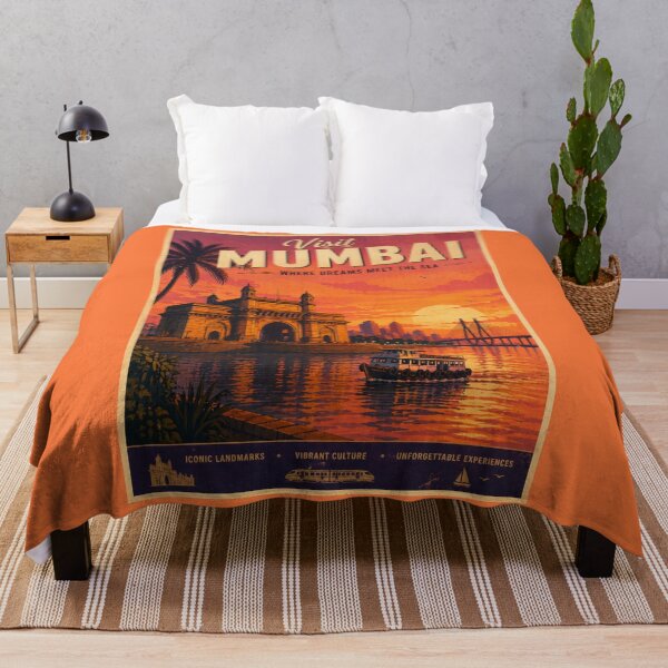 Artikelvorschau, Vintage-Reiseposter zu Mumbai – Sonnenuntergang am Gateway of India und Illustration der Meeresbrücke | Indien-Reisekunst entworfen und verkauft von Globalcitytees.