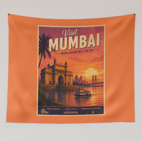 Item preview, Visit Mumbai Vintage Travel Poster – Gateway of India Sunset & Sea Link Illustration | India Travel Art designed and sold by Globalcitytees.