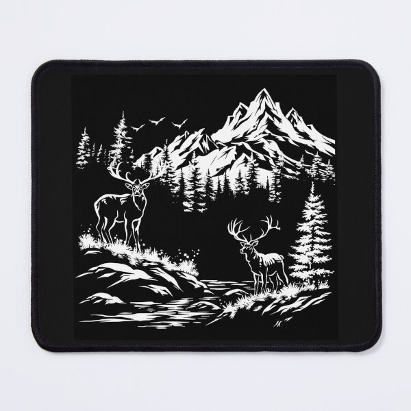 Item preview, Two Deer in Mountain Forest – Black and White Wilderness Silhouette Art designed and sold by inkoutninja.
