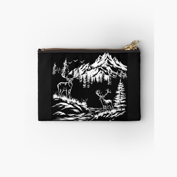 Item preview, Two Deer in Mountain Forest – Black and White Wilderness Silhouette Art designed and sold by inkoutninja.