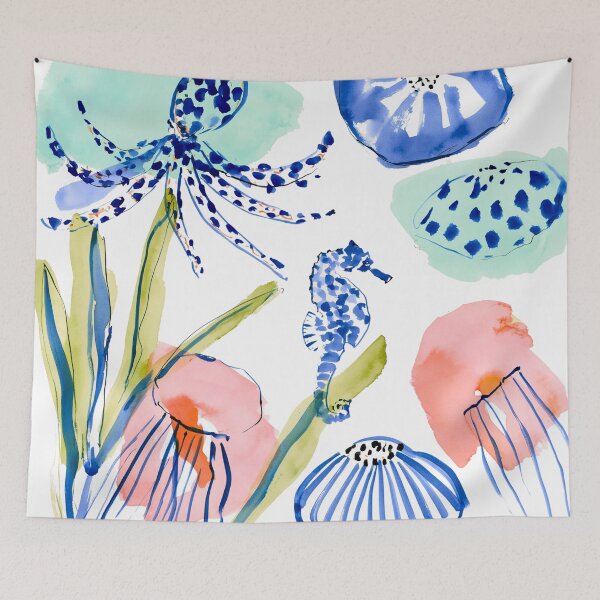 Item preview, Watercolor Sea Garden — Octopus, Seahorse & Jellyfish in Coral & Mint designed and sold by Ramona-Gliga.