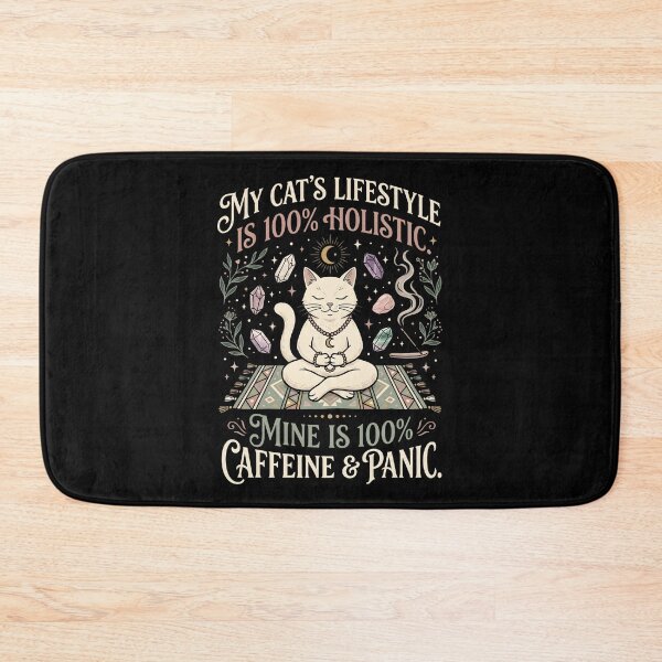 Aperçu de l'œuvre Tapis de yoga amusant Holistic Cat Lifestyle Caffeine and Panic créée et vendue par SplashTastic.