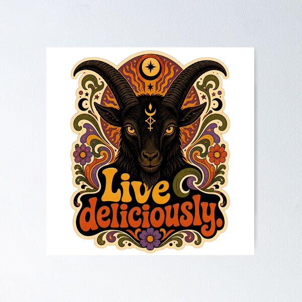 Item preview, Live Deliciously Retro Psychedelic Occult Baphomet Art Print designed and sold by PinUpPizzazz.
