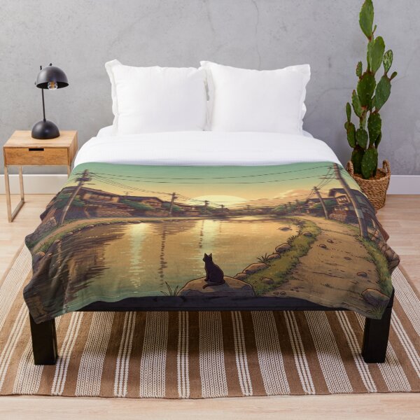 Item preview, Cat by a canal at sunset – Retro Anime designed and sold by ArcadeAura.