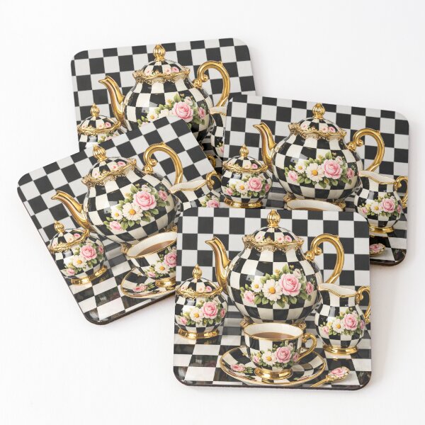 Item preview, Checkered Floral Gold‑Trimmed Tea Set Elegance designed and sold by Mindful56.