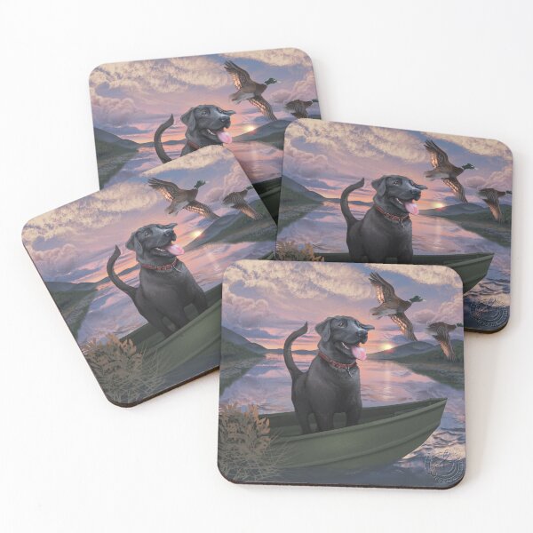 Item preview, Black Labrador in Fishing Boat with Ducks (sunset) designed and sold by JaybirdArtCreations.
