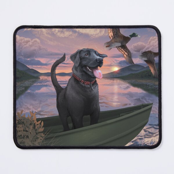 Item preview, Black Labrador in Fishing Boat with Ducks (sunset) designed and sold by JaybirdArtCreations.