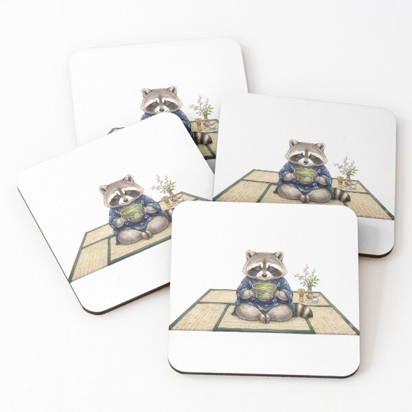 Item preview, Raccoon Drinking Matcha - Japanese Watercolor designed and sold by GreenboyRD.