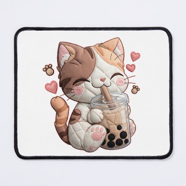 Item preview, Kawaii Quilted Cat Drinking Boba Milk Tea designed and sold by TOM JACK.