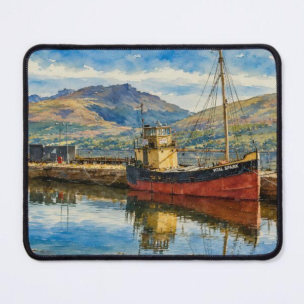 Item preview,  Vital Spark at Inveraray Harbour, Scotland – Watercolour Highland Harbour Scene designed and sold by photoart1854.