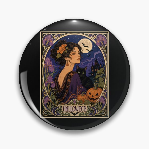 Item preview, Art Nouveau Halloween Woman Black Cat Moon designed and sold by AntiqueImages.