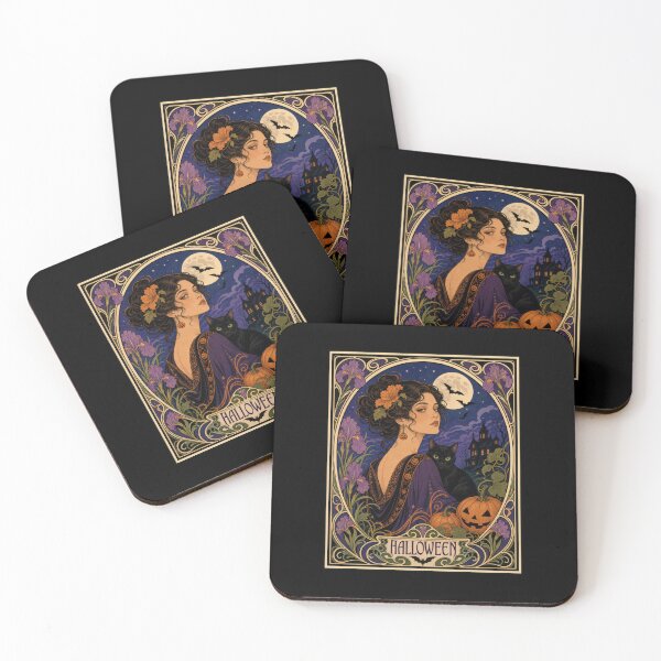 Item preview, Art Nouveau Halloween Woman Black Cat Moon designed and sold by AntiqueImages.