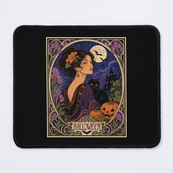 Item preview, Art Nouveau Halloween Woman Black Cat Moon designed and sold by AntiqueImages.
