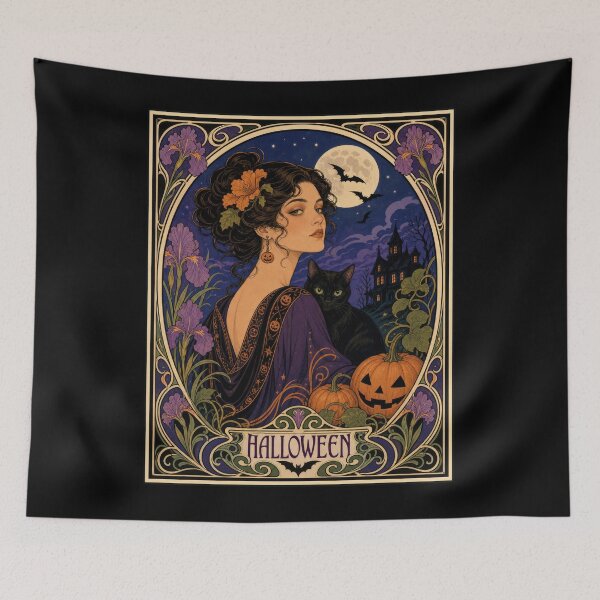 Item preview, Art Nouveau Halloween Woman Black Cat Moon designed and sold by AntiqueImages.
