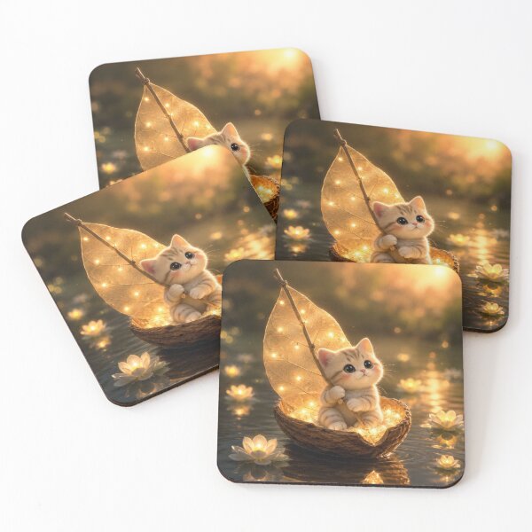 Item preview, Golden Kitten Leaf Boat at Sunset designed and sold by dreamybyana.