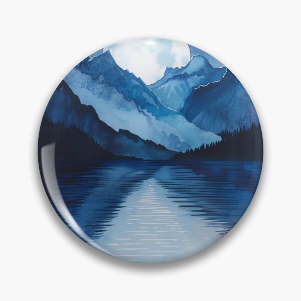 Item preview, Watercolor night landscape of a moonlit lake and mountains in deep indigo blue tones, tranquil fine art wall decor designed and sold by Wircon Studio.