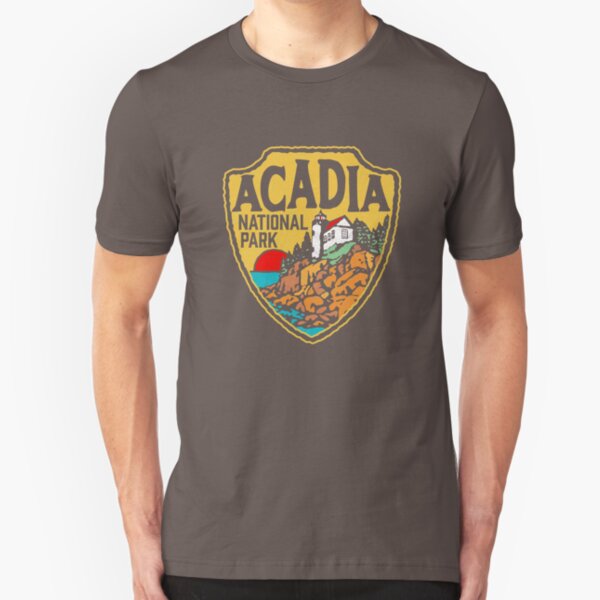Acadia National Park Vintage Style Badge w/ Maine Coast & Lighthouse Slim Fit T-Shirt