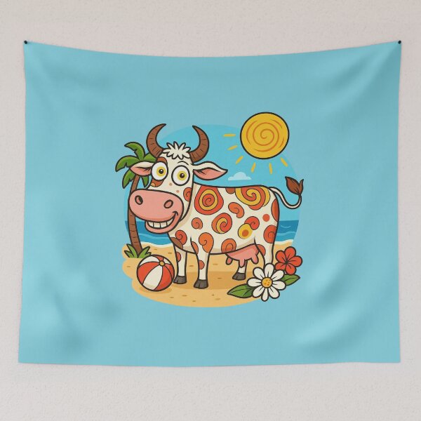 Item preview, Dibujo animado de una vaca divertida de vacaciones en la playa durante el verano. designed and sold by Wild-way Art.