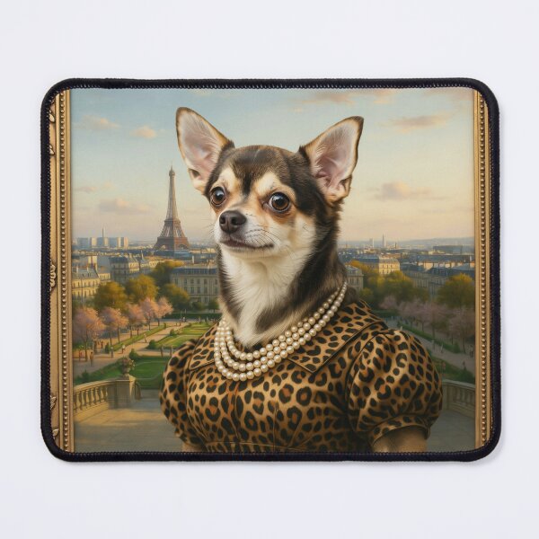 Item preview, A formal baroque-style royal portrait illustration of a charming Chihuahua with sleek fur, wearing an elegant leopard-print high-society dress in Paris designed and sold by 123ks.