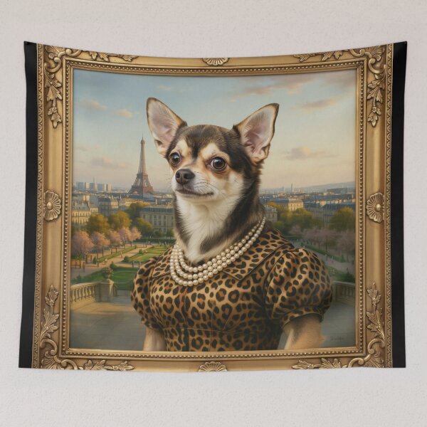 Item preview, A formal baroque-style royal portrait illustration of a charming Chihuahua with sleek fur, wearing an elegant leopard-print high-society dress in Paris designed and sold by 123ks.