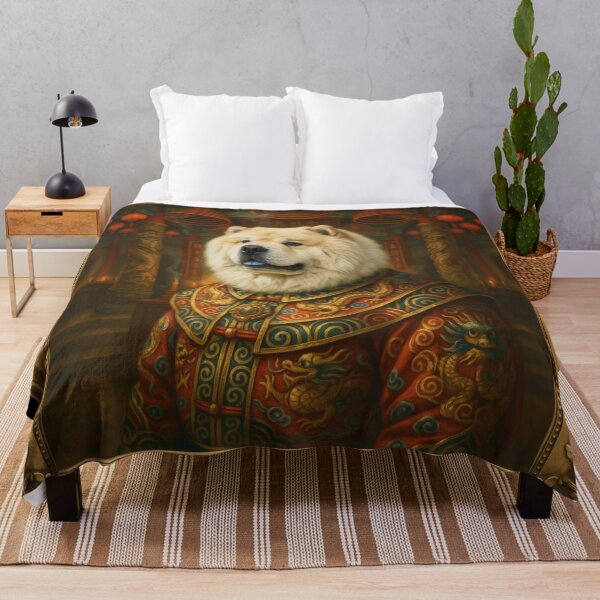 Item preview, A formal baroque-style royal portrait illustration of a charming well-groomed white Chow-Chow with a closed mouth wearing an elegant imperial dress designed and sold by 123ks.