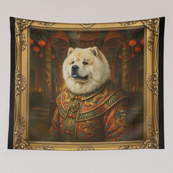Item preview, A formal baroque-style royal portrait illustration of a charming well-groomed white Chow-Chow with a closed mouth wearing an elegant imperial dress designed and sold by 123ks.
