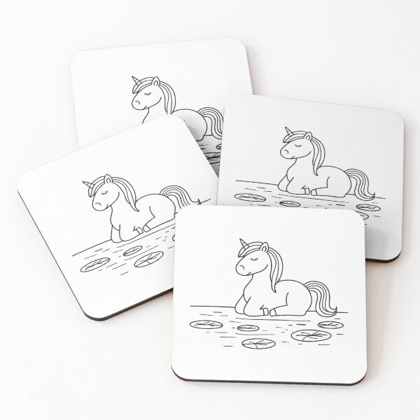 Item preview, A unicorn lying beside a pond with drifting leaves designed and sold by rasagamastore.