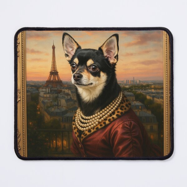 Item preview, A formal baroque-style royal portrait illustration of a charming black-and-tan Chihuahua wearing an elegant classic royal satin dress designed and sold by 123ks.