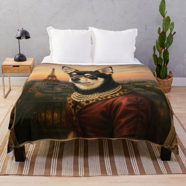 Item preview, A formal baroque-style royal portrait illustration of a charming black-and-tan Chihuahua wearing an elegant classic royal satin dress designed and sold by 123ks.