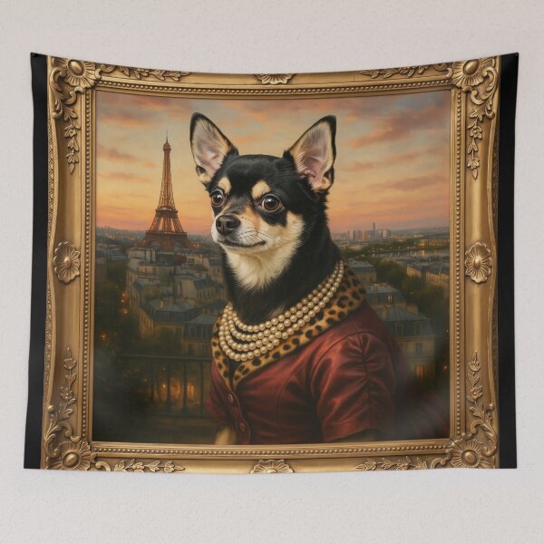Item preview, A formal baroque-style royal portrait illustration of a charming black-and-tan Chihuahua wearing an elegant classic royal satin dress  designed and sold by 123ks.