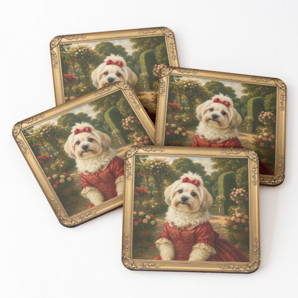 Item preview, A formal baroque-style royal portrait illustration of a charming fluffy white Havanese wearing an elegant ruby-red patterned summer dress designed and sold by 123ks.