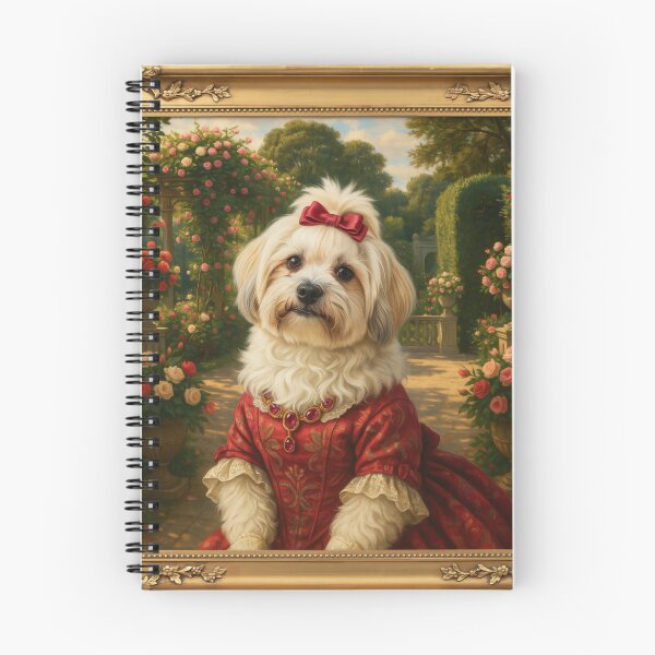 Item preview, A formal baroque-style royal portrait illustration of a charming fluffy white Havanese wearing an elegant ruby-red patterned summer dress designed and sold by 123ks.