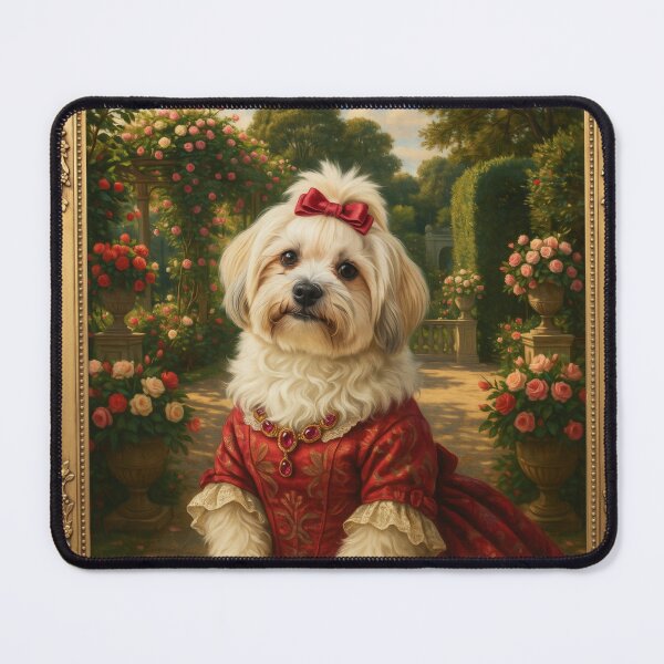 Item preview, A formal baroque-style royal portrait illustration of a charming fluffy white Havanese wearing an elegant ruby-red patterned summer dress designed and sold by 123ks.