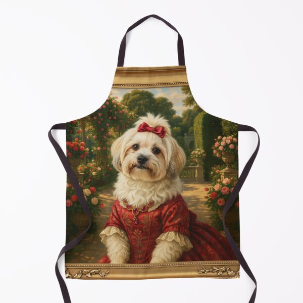 Item preview, A formal baroque-style royal portrait illustration of a charming fluffy white Havanese wearing an elegant ruby-red patterned summer dress designed and sold by 123ks.