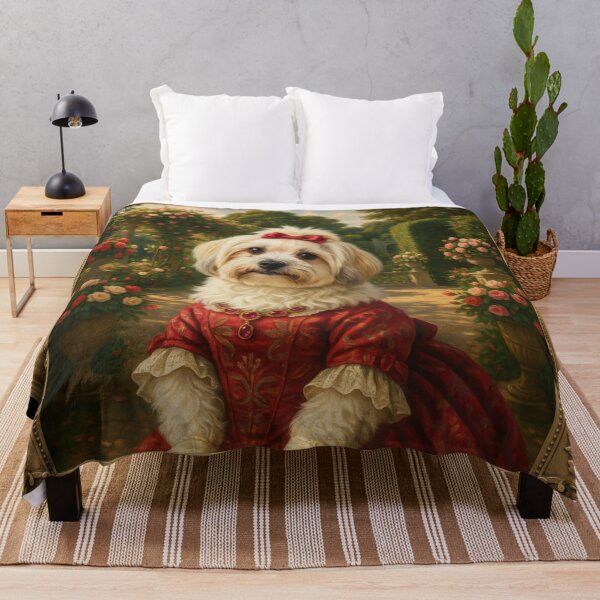 Item preview, A formal baroque-style royal portrait illustration of a charming fluffy white Havanese wearing an elegant ruby-red patterned summer dress designed and sold by 123ks.