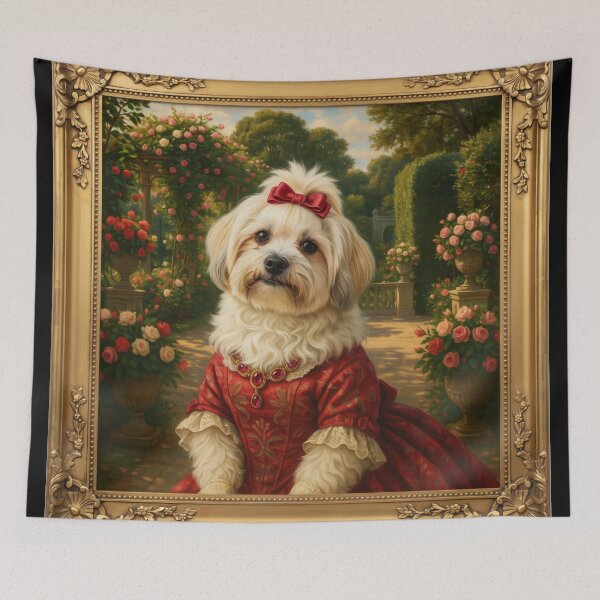 Item preview, A formal baroque-style royal portrait illustration of a charming fluffy white Havanese wearing an elegant ruby-red patterned summer dress designed and sold by 123ks.