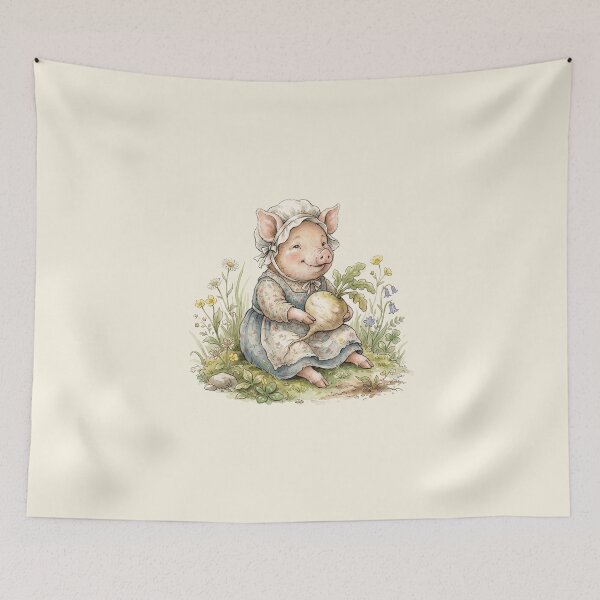 Item preview, Sweet Piglet Girl with a Turnip - Vintage Storybook Illustration designed and sold by Pasteltone.