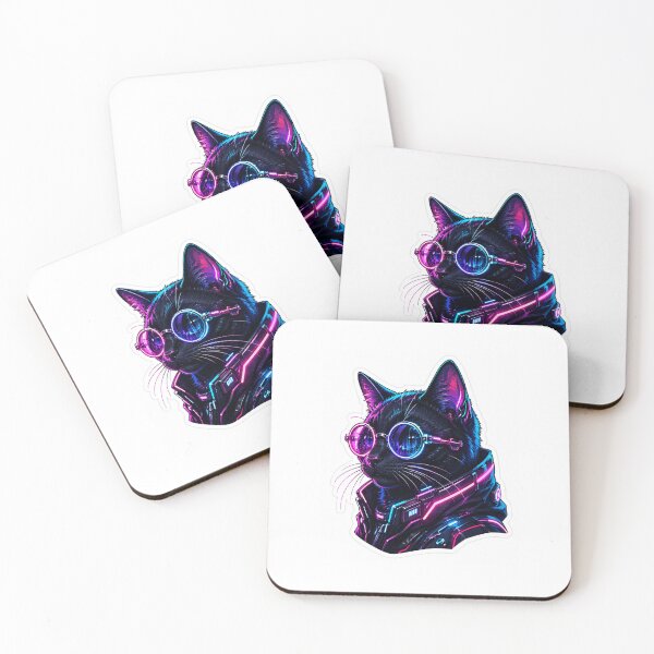 Item preview, A futuristic cyberpunk black cat wearing glowing neon glasses designed and sold by NaJaCreation.
