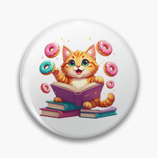 Item preview, Cute Ginger Cat Trying to Read While Flying Pink Donuts Distract Him Funny Cartoon designed and sold by OksArtStudio.